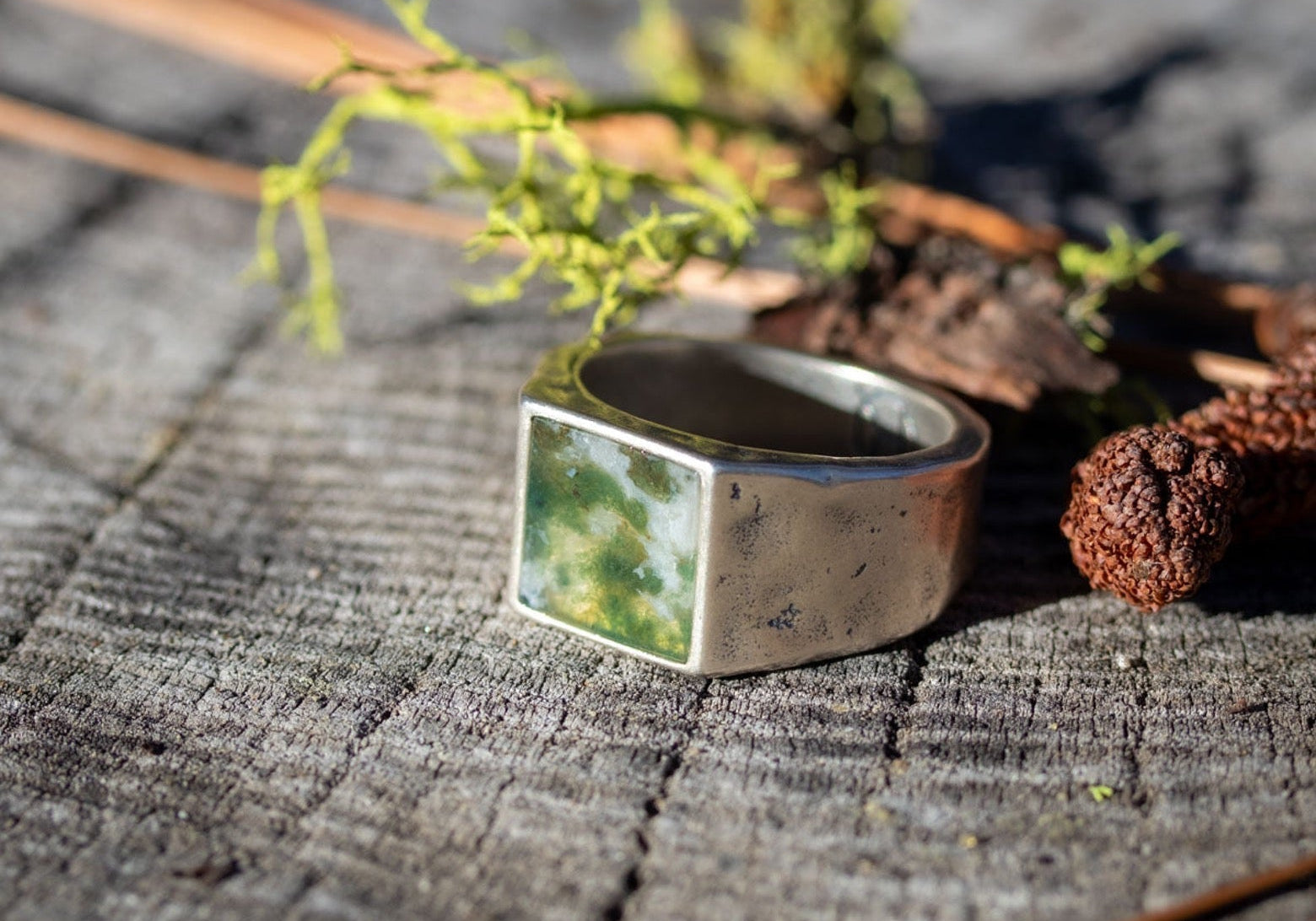 Silver Signet ring with moss agate inlay