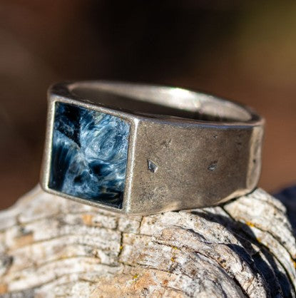 Silver signet ring with pietersite stone inlay