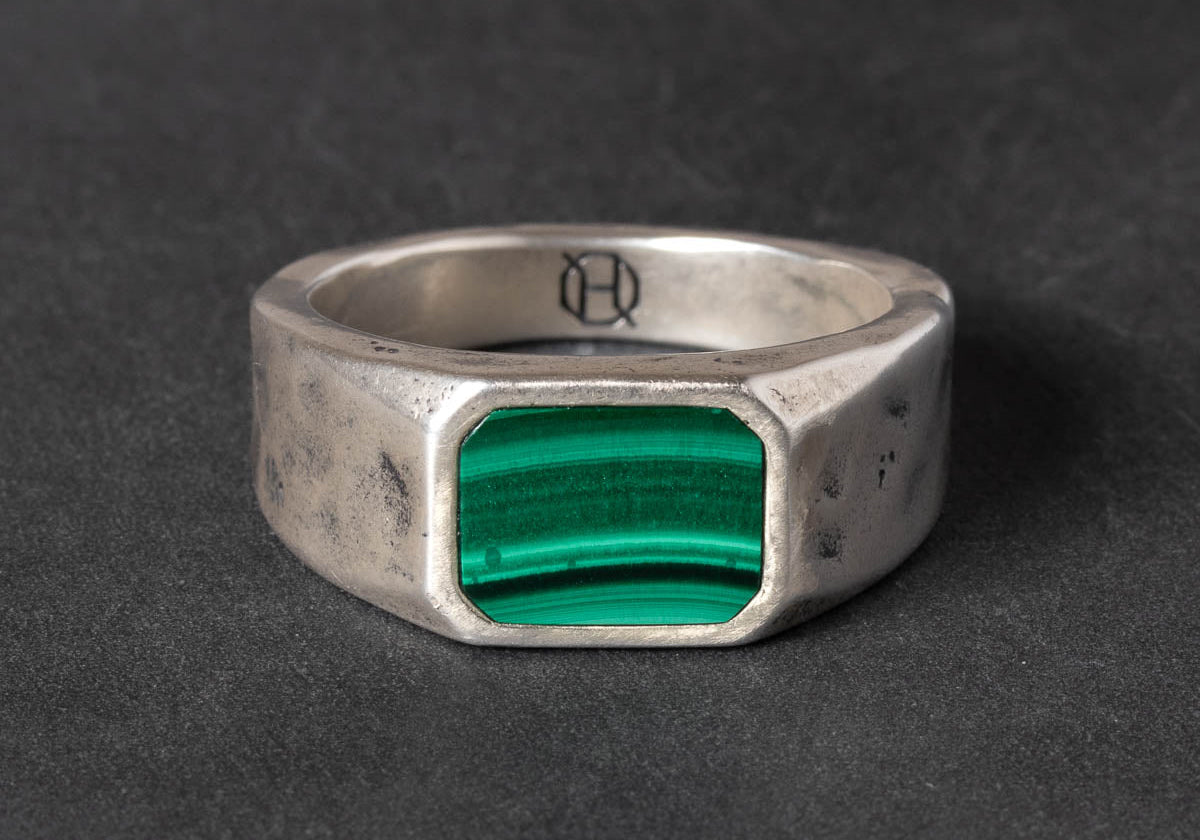 Silver signet ring with malachite green inlay