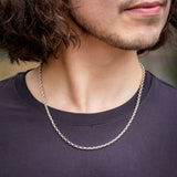 3mm Silver Box chain on Model with black T-shirt