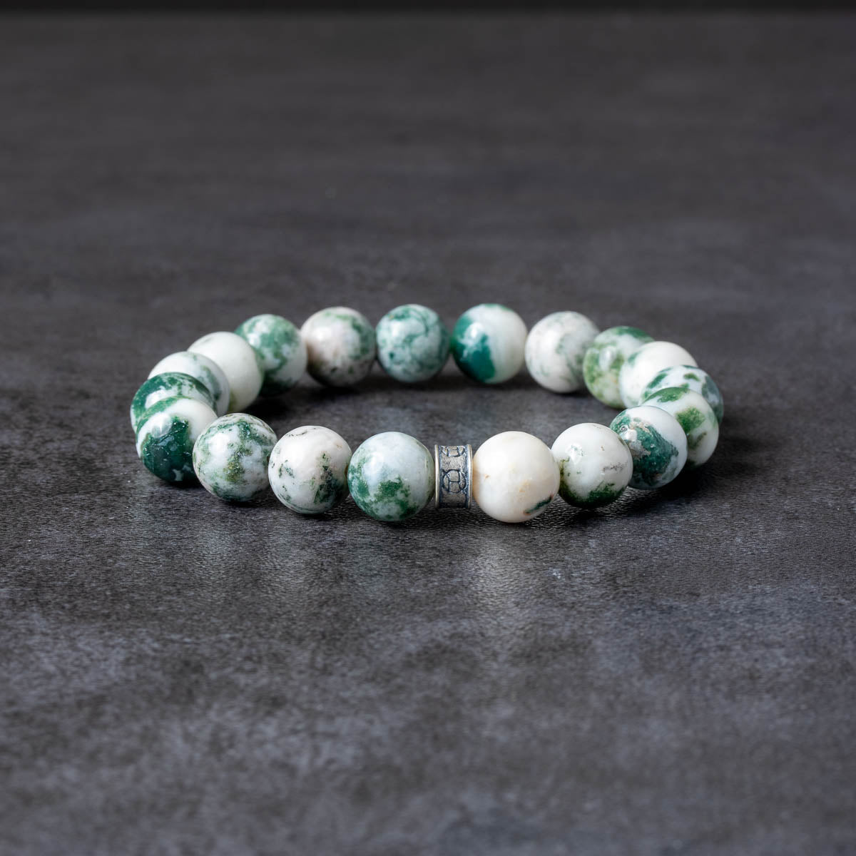 Moss Agate 10mm Beaded Bracelet with Silver Accent.