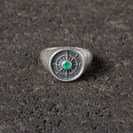 True North - Compass Signet Ring with Emerald Cabochon.