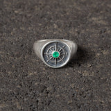 True North - Compass Signet Ring with Emerald Cabochon.