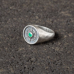 True North - Compass Signet Ring with Emerald Cabochon.