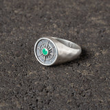 True North - Compass Signet Ring with Emerald Cabochon.