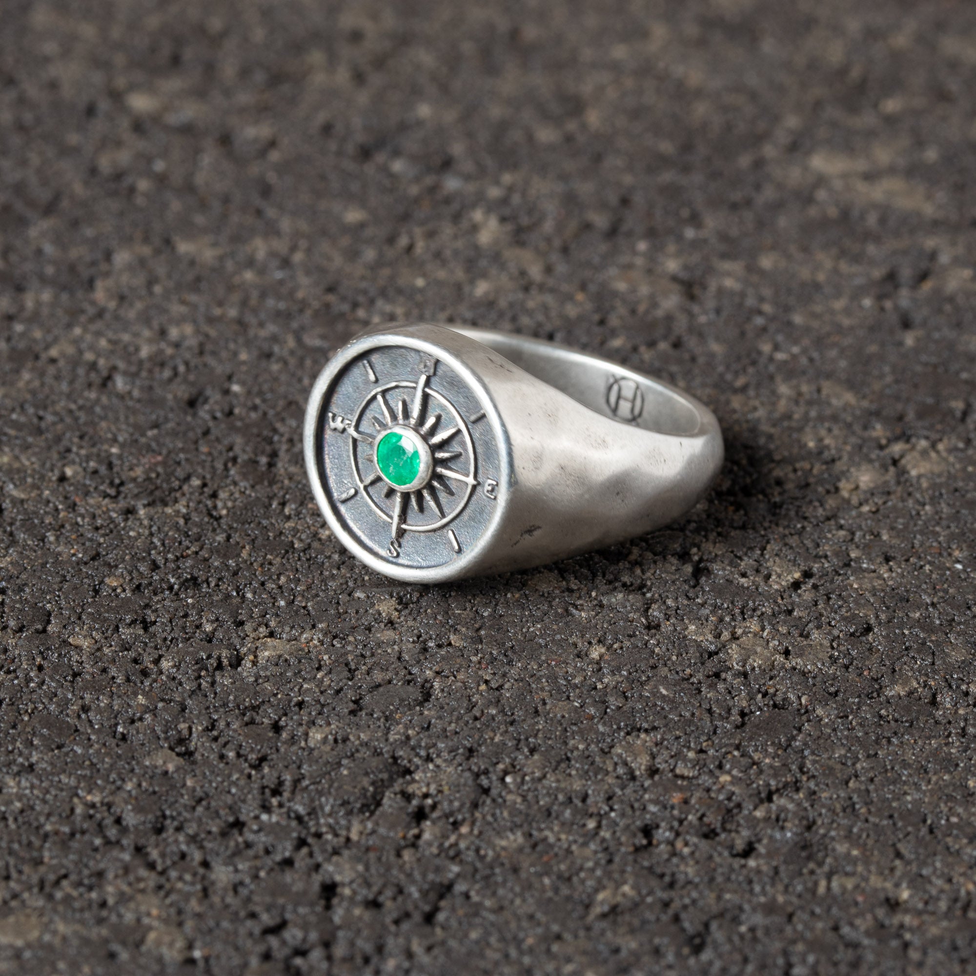 True North - Compass Signet Ring with Emerald Cabochon.