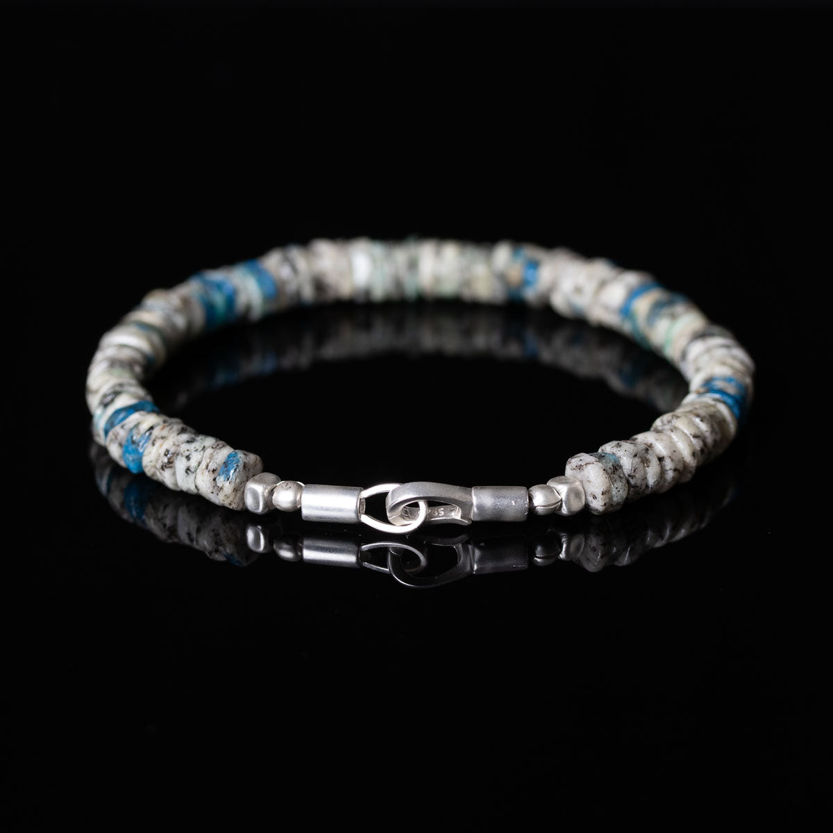 White and blue beaded bracelet with sterling silver clasp