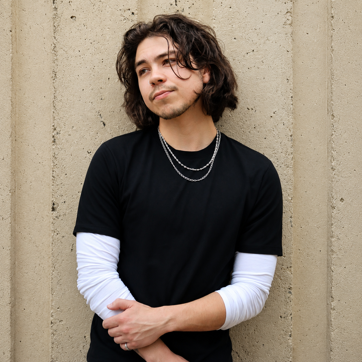 Model wearing a 4mm soft matte sterling silver long oval cable chain by Quinn Henry 