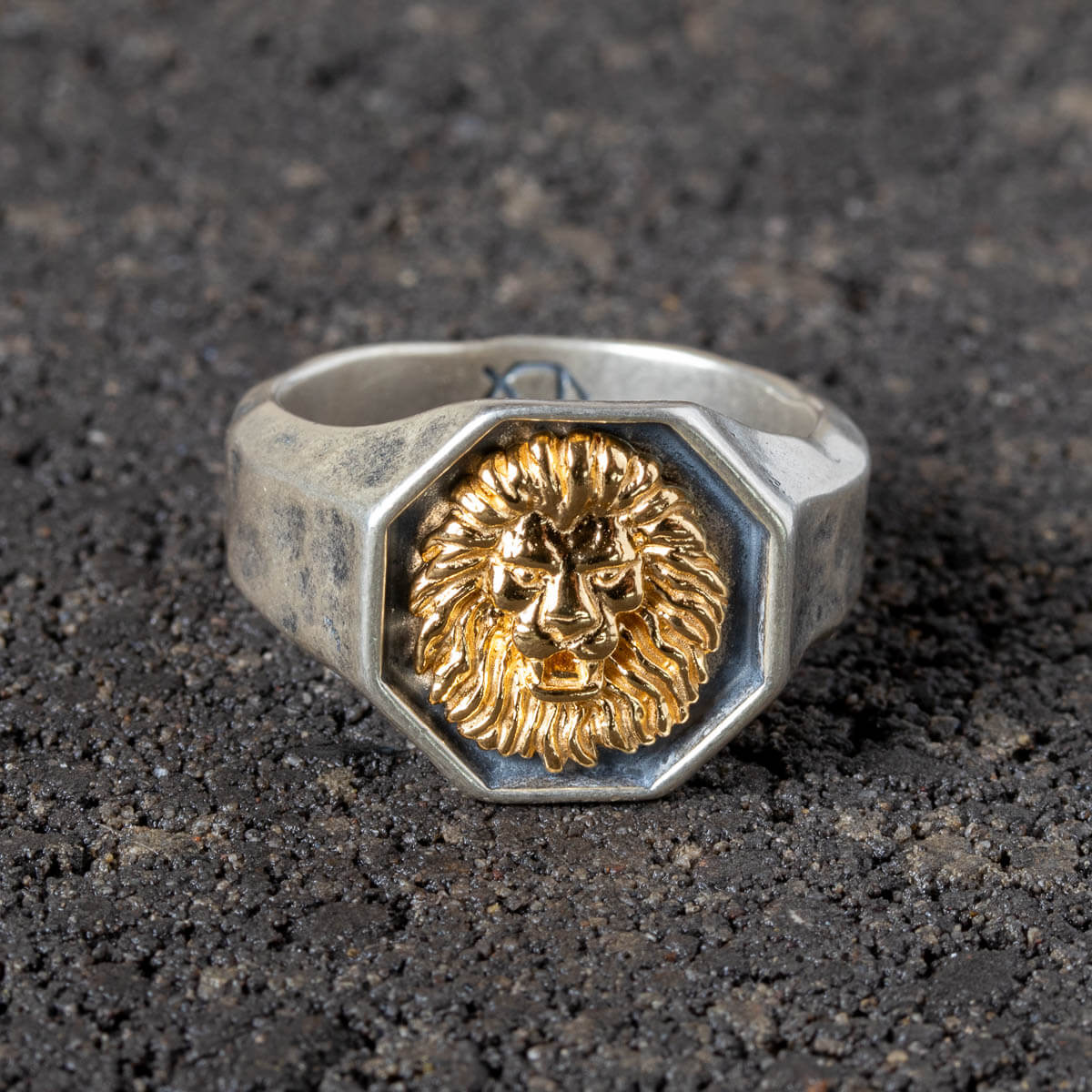 Silver ring with a gold lion head emblem on a dark textured surface