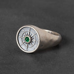 round Silver signet ring with compass design and green emerald cabochon 