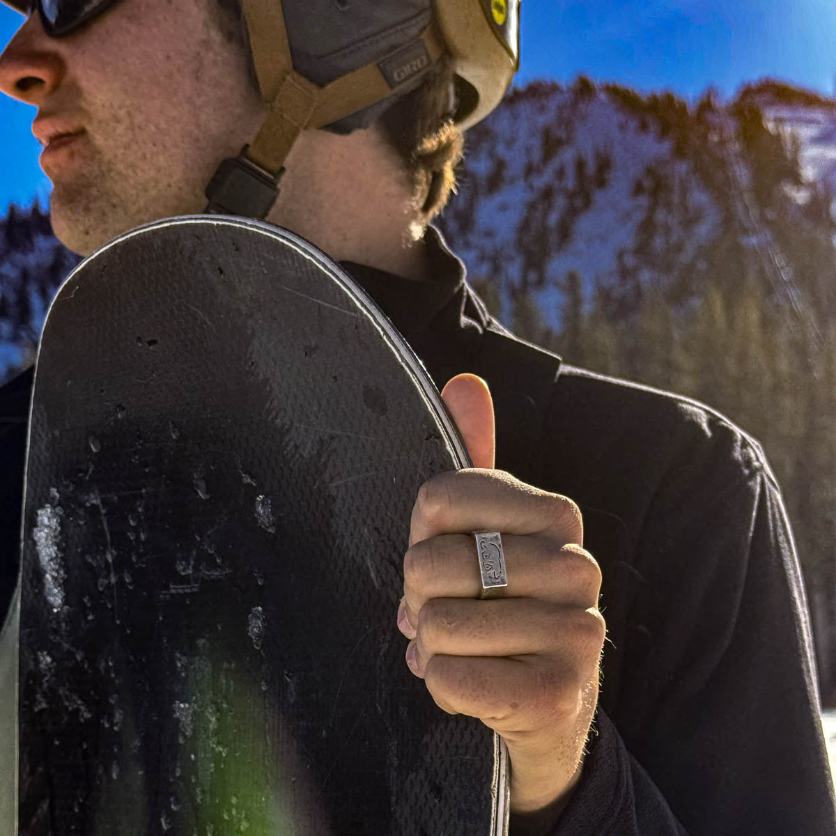 Person holding a snowboard with a mountainous background