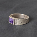 Quinn Henry silver signet ring with Charolite stone inlay on gray background