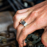 Hand wearing a ring with a falcon design on a blurred mechanical background