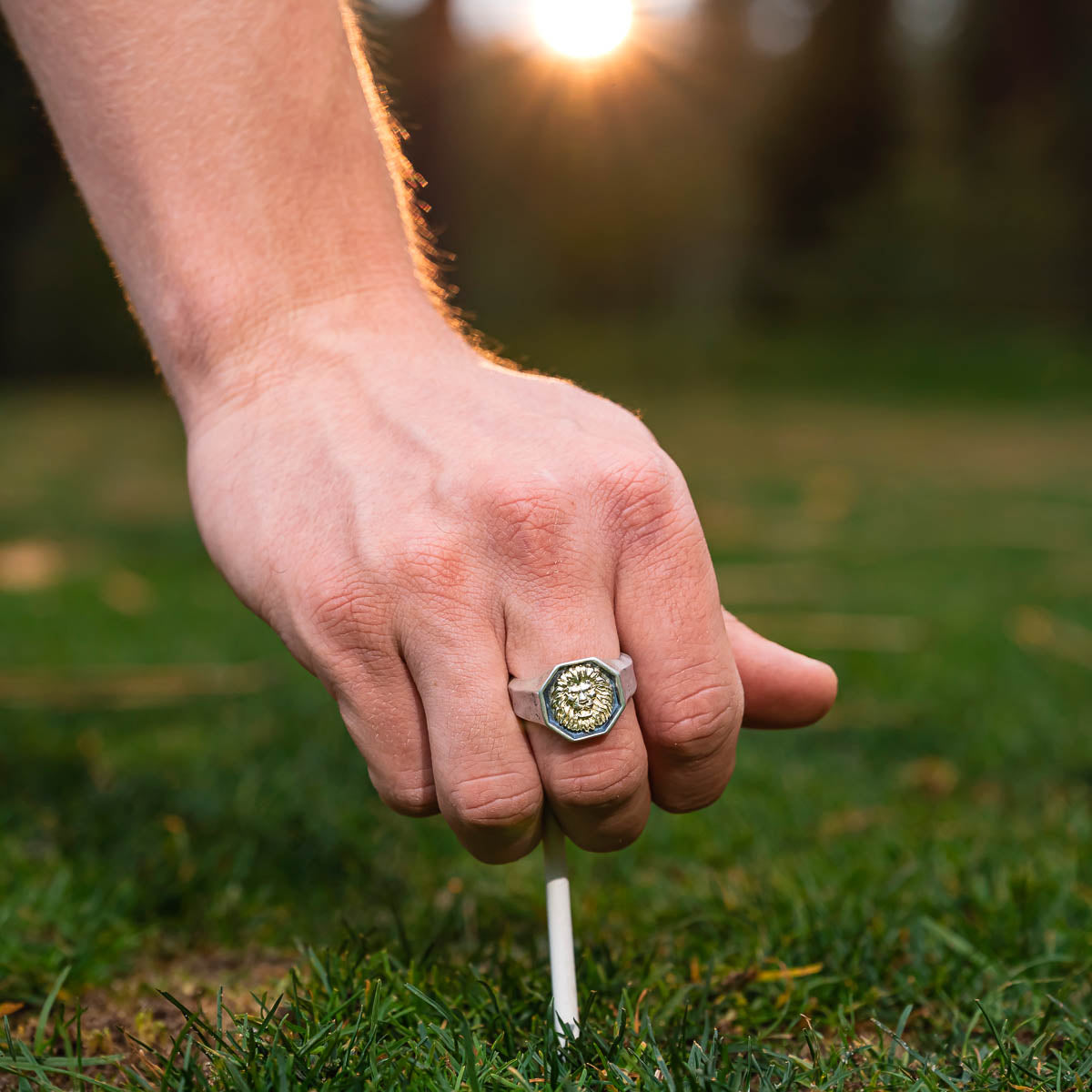 Hand with a lion signet ring pushing a golf tee into the grass
